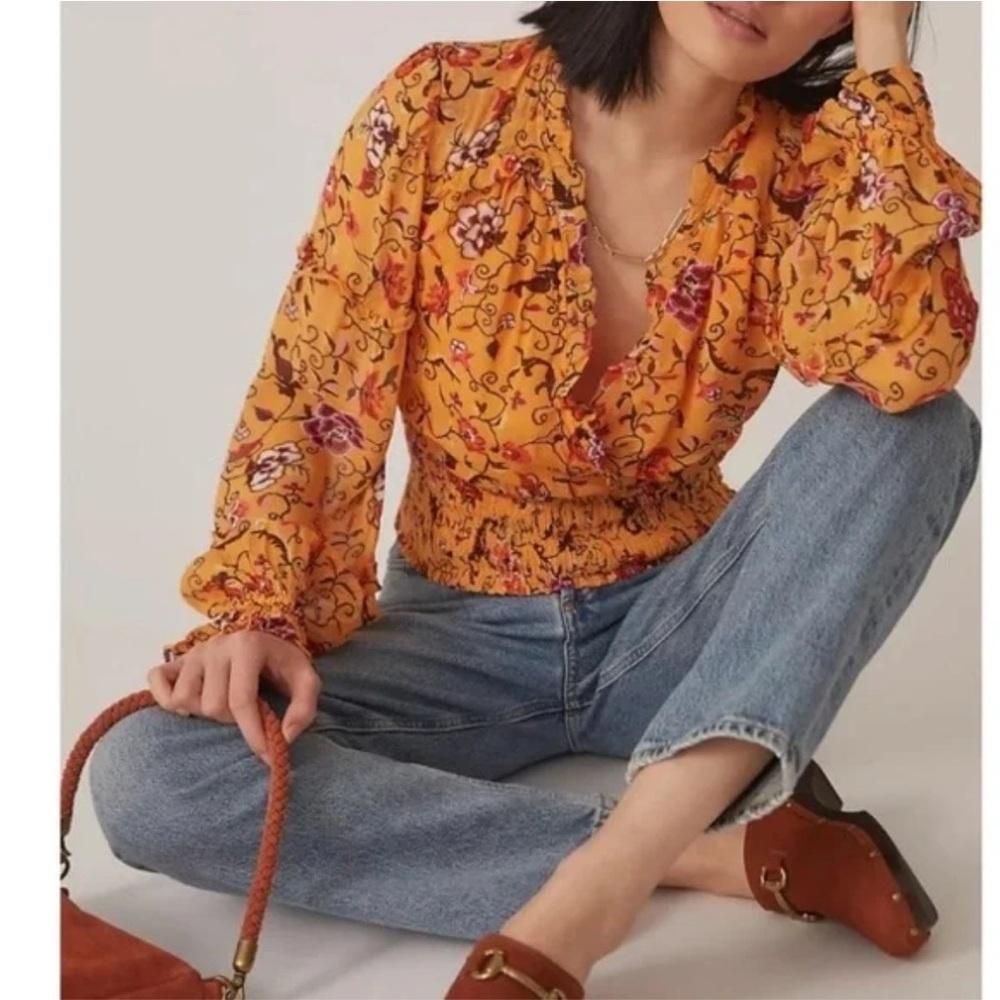 Anthropologie Printed Ruffle Blouse Golden Floral Print - Picture 1 of 7